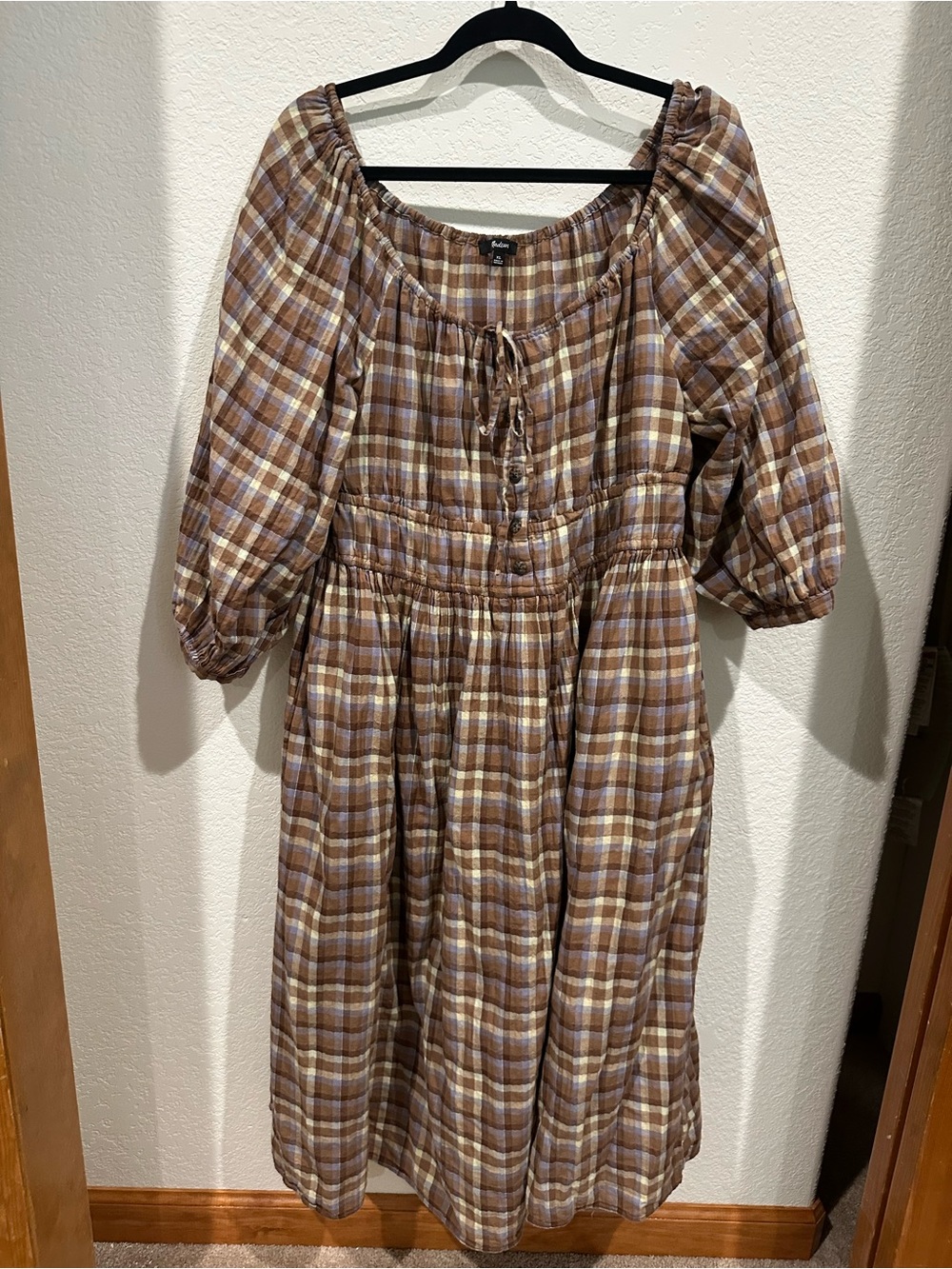 Madewell Brown & Cream Plaid Peasant Dress with Subtle Blue Check
